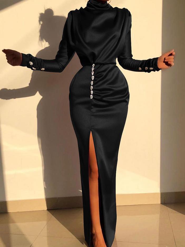 Women's Dresses High Neck Long Sleeve Water Drop Rhinestone Split Dress - LuckyFash™