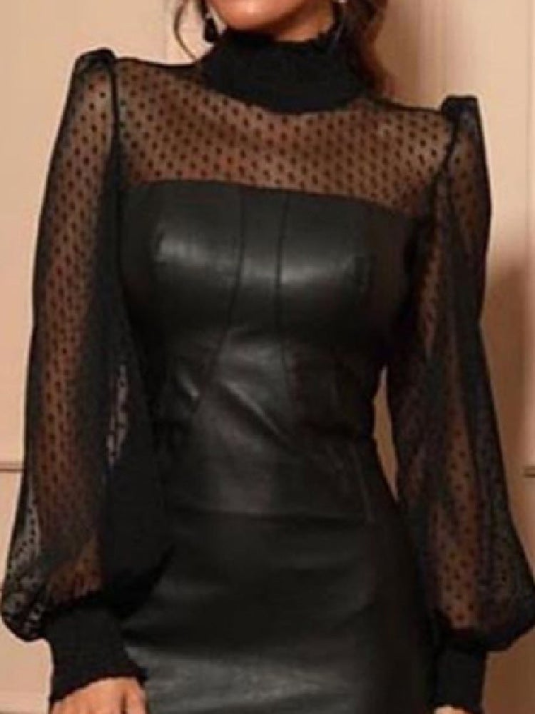 Women's Dresses High Neck Mesh Stitching Long Sleeve Skinny Leather Dress - LuckyFash™