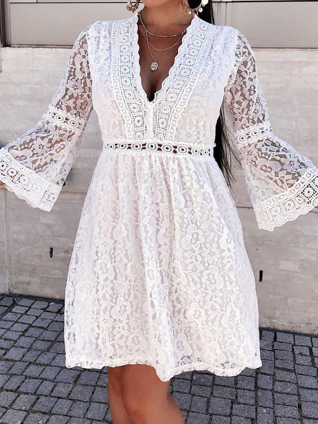 Women's Dresses Lace V-Neck Long Sleeve Mini Dress - LuckyFash™