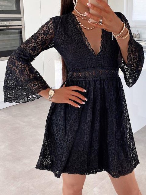 Women's Dresses Lace V-Neck Long Sleeve Mini Dress - LuckyFash™