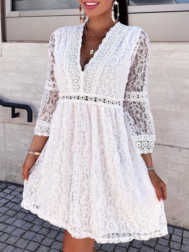 Women's Dresses Lace V-Neck Long Sleeve Mini Dress - LuckyFash™