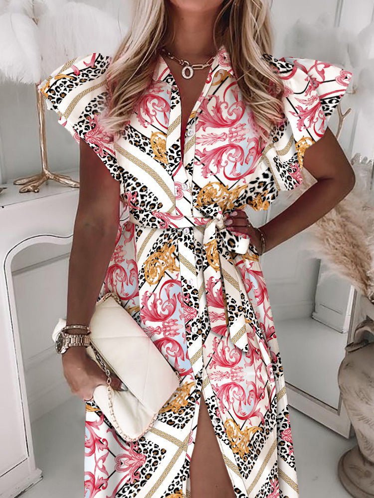Women's Dresses Lapel Belt Button Ruffle Sleeve Print Dress - LuckyFash™