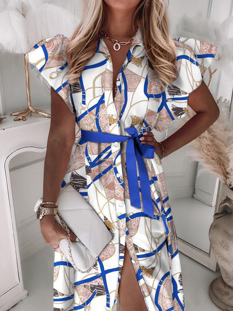 Women's Dresses Lapel Belt Button Ruffle Sleeve Print Dress - LuckyFash™