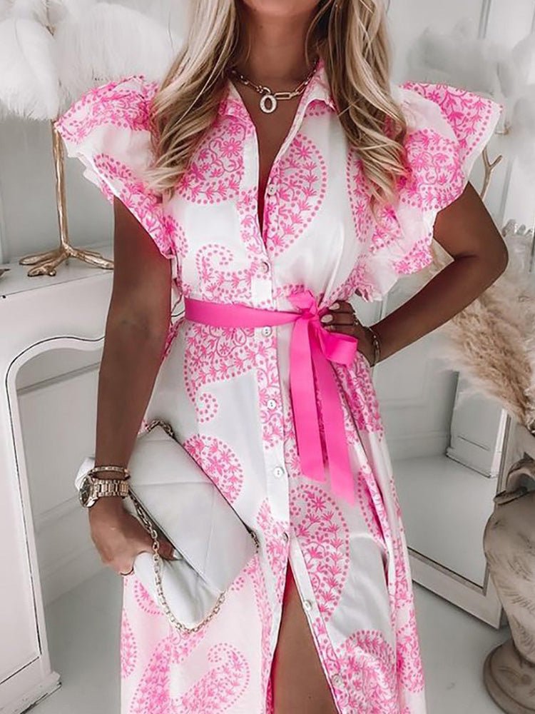 Women's Dresses Lapel Belt Button Ruffle Sleeve Print Dress - LuckyFash™