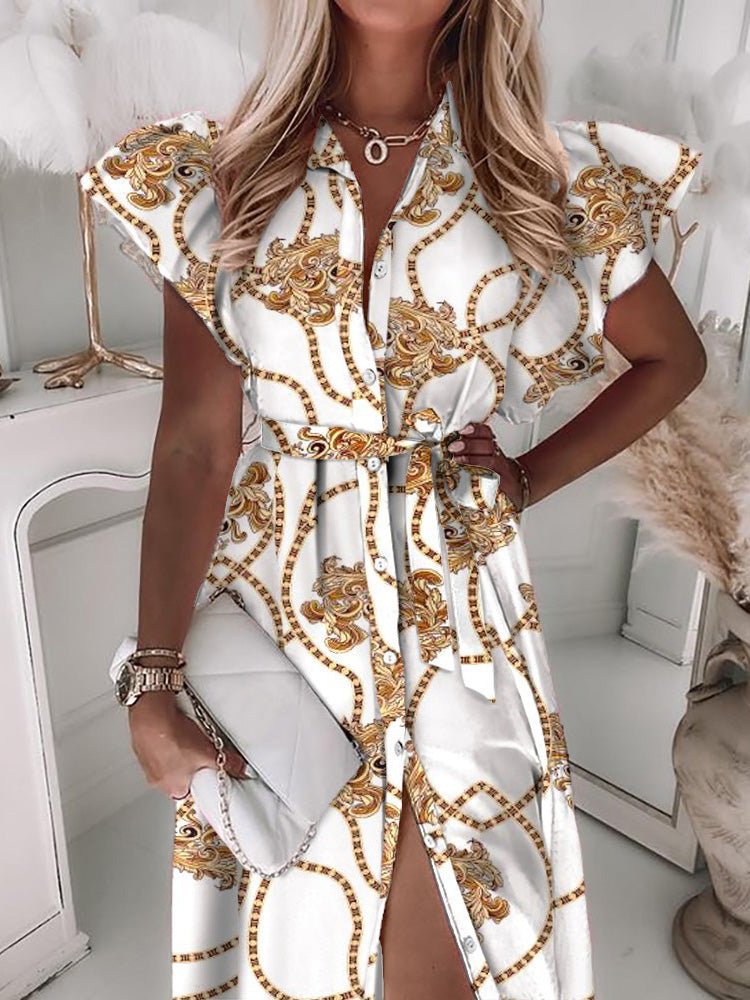 Women's Dresses Lapel Belt Button Ruffle Sleeve Print Dress - LuckyFash™