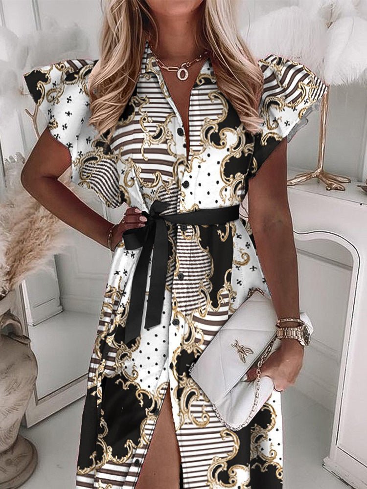 Women's Dresses Lapel Belt Button Ruffle Sleeve Print Dress - LuckyFash™