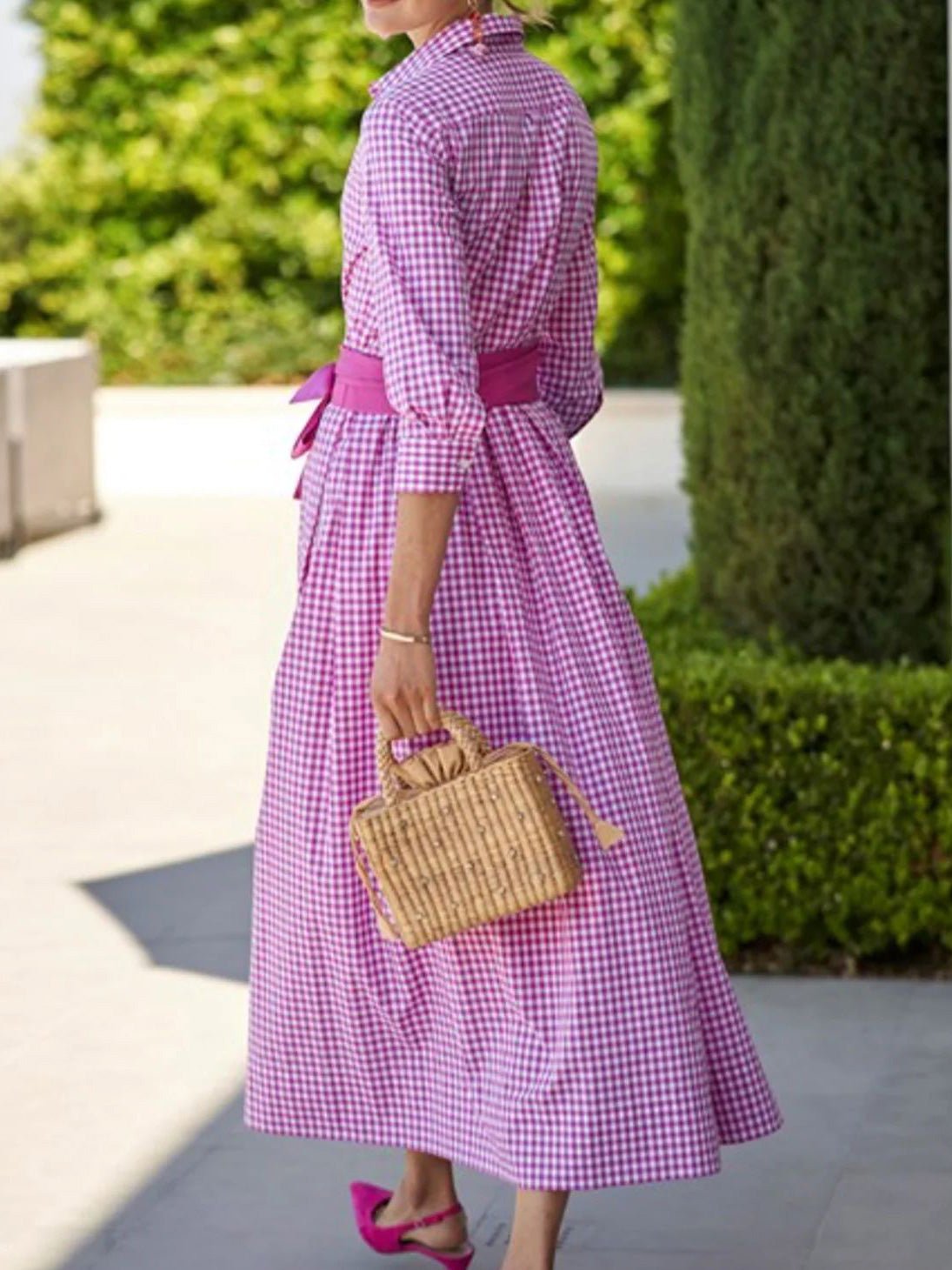 Women's Dresses Lapel Check Lace-Up Pocket Dress - LuckyFash™