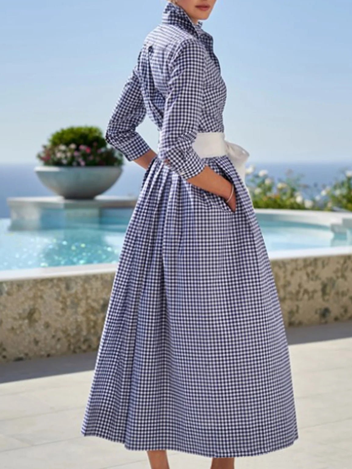 Women's Dresses Lapel Check Lace-Up Pocket Dress - LuckyFash™
