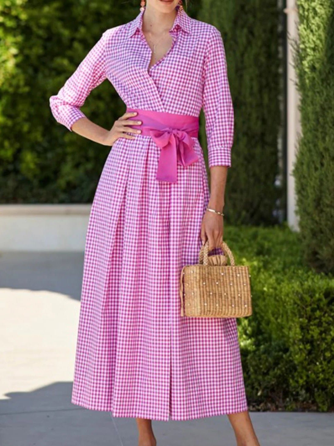 Women's Dresses Lapel Check Lace-Up Pocket Dress - LuckyFash™