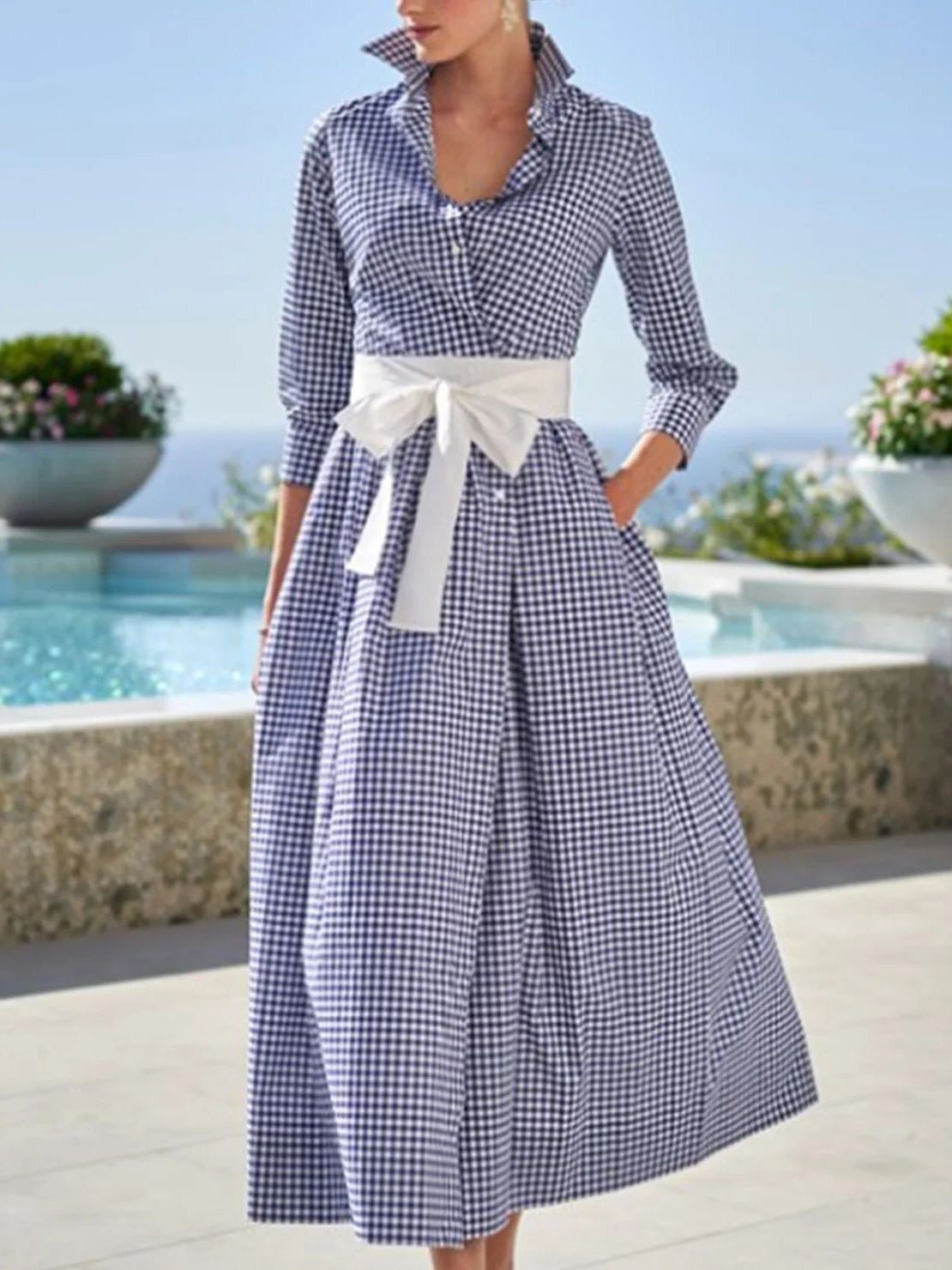 Women's Dresses Lapel Check Lace-Up Pocket Dress - LuckyFash™