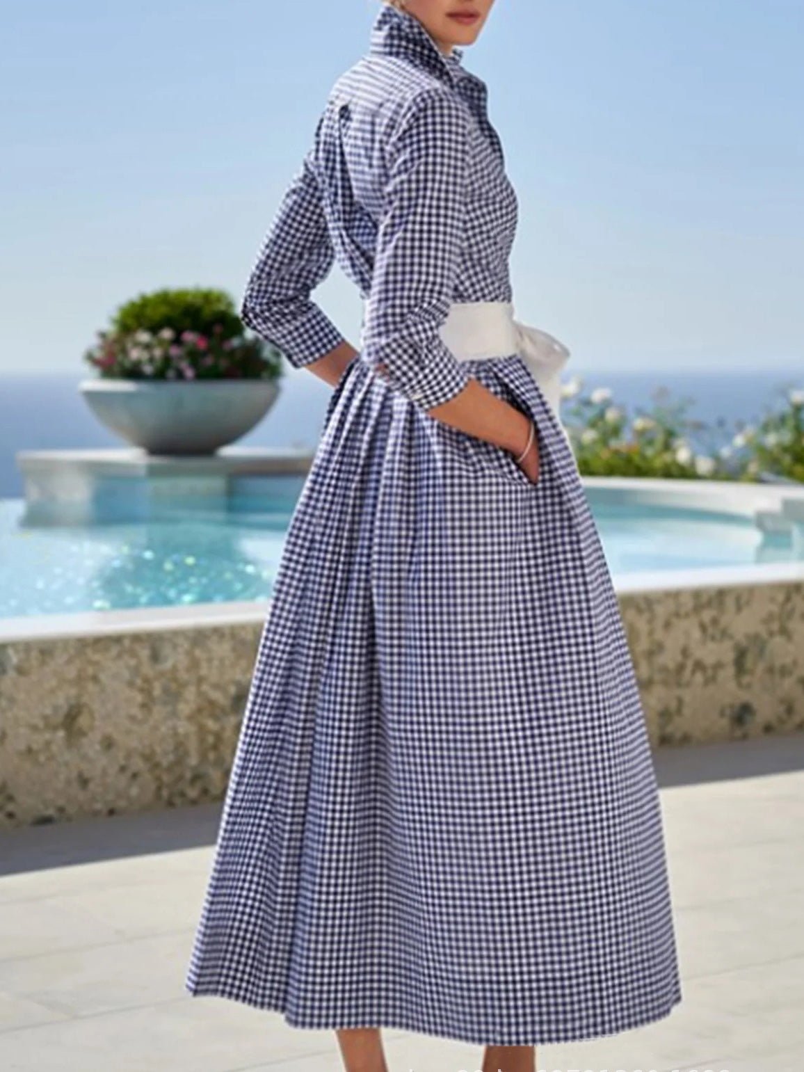 Women's Dresses Lapel Check Lace-Up Pocket Dress - LuckyFash™