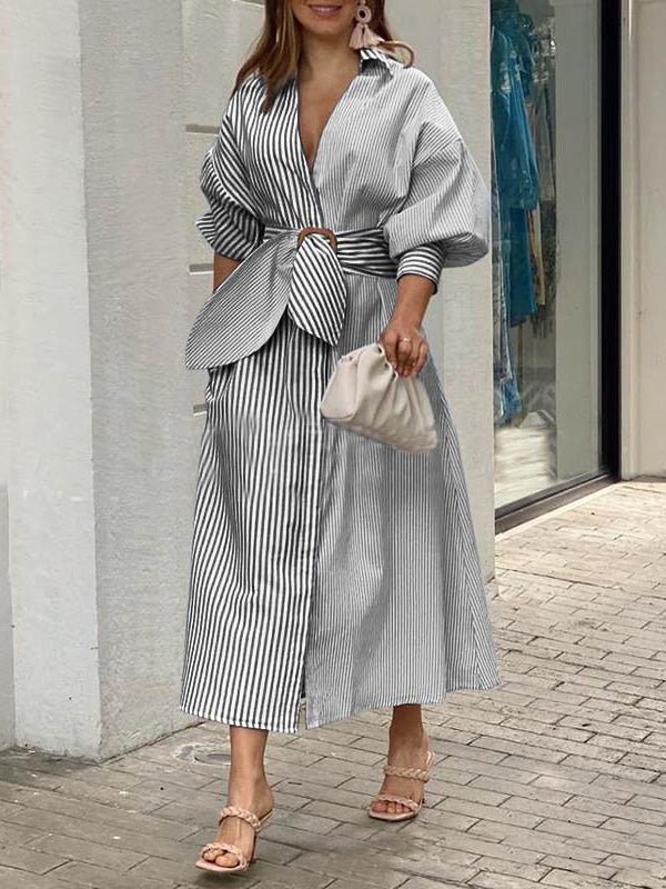Women's Dresses Lapel Striped Lace-Up Maxi Dress - LuckyFash™