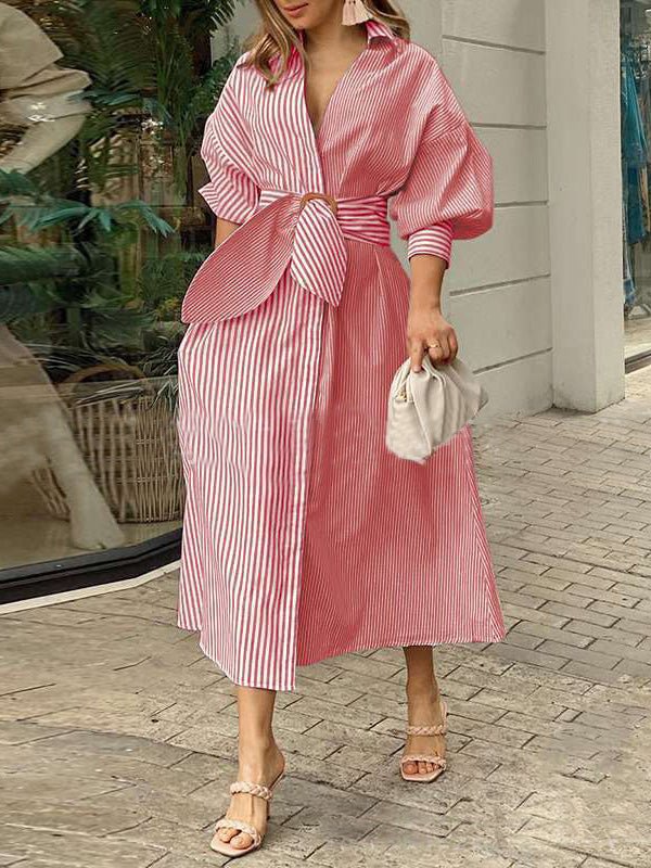 Women's Dresses Lapel Striped Lace-Up Maxi Dress - LuckyFash™