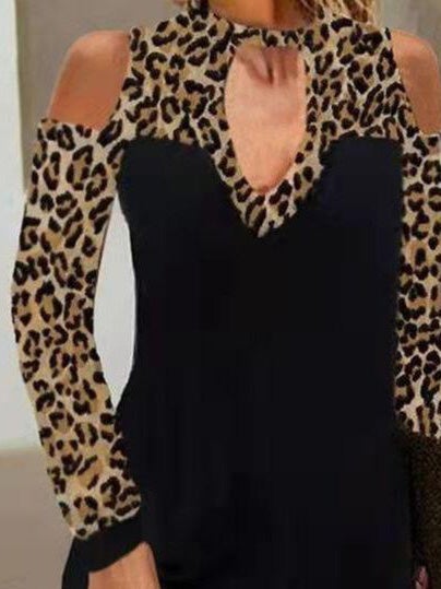 Women's Dresses Leopard Print Hanging Neck Off-The-Shoulder Long Sleeve Dress - LuckyFash™