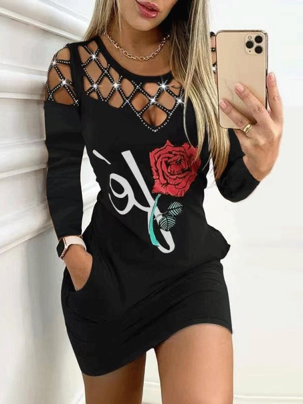 Women's Dresses Lip Print Pocket Long Sleeve Mini Dress - LuckyFash™