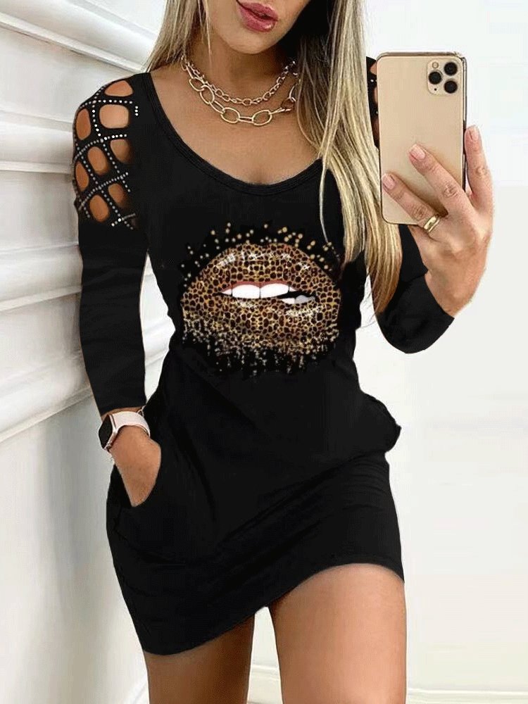 Women's Dresses Lip Print Pocket Long Sleeve Mini Dress - LuckyFash™
