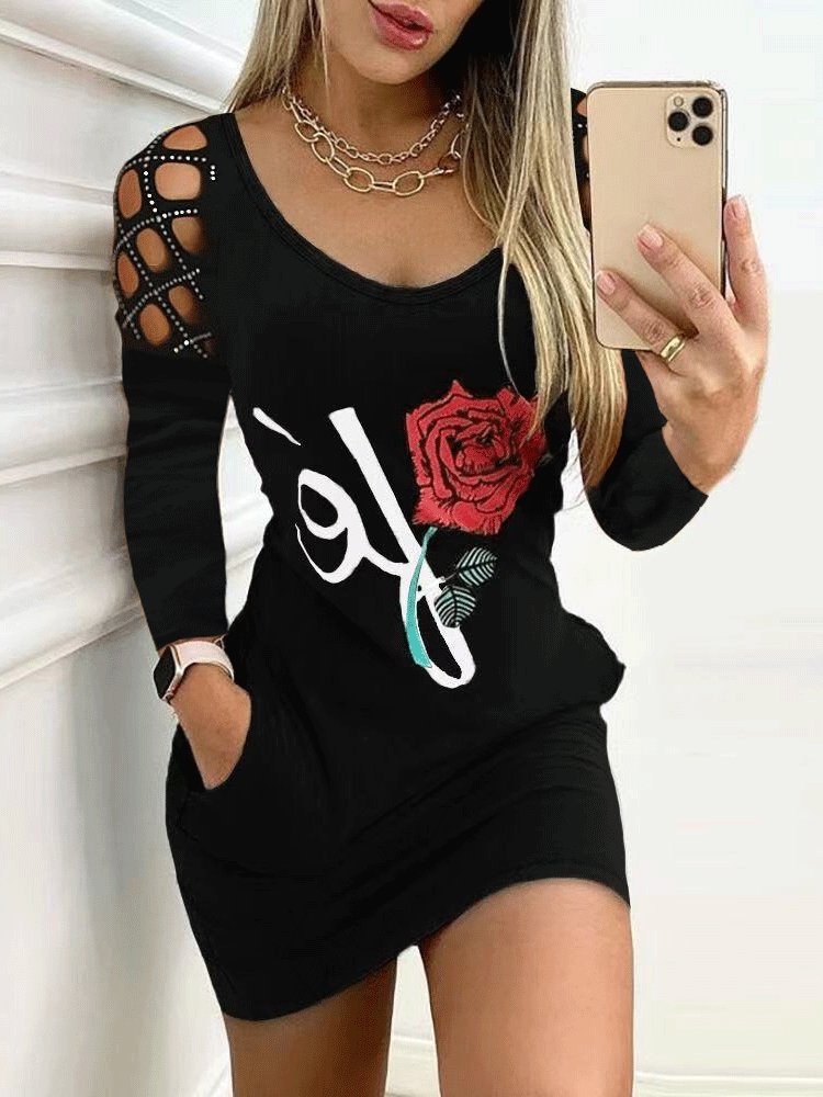 Women's Dresses Lip Print Pocket Long Sleeve Mini Dress - LuckyFash™