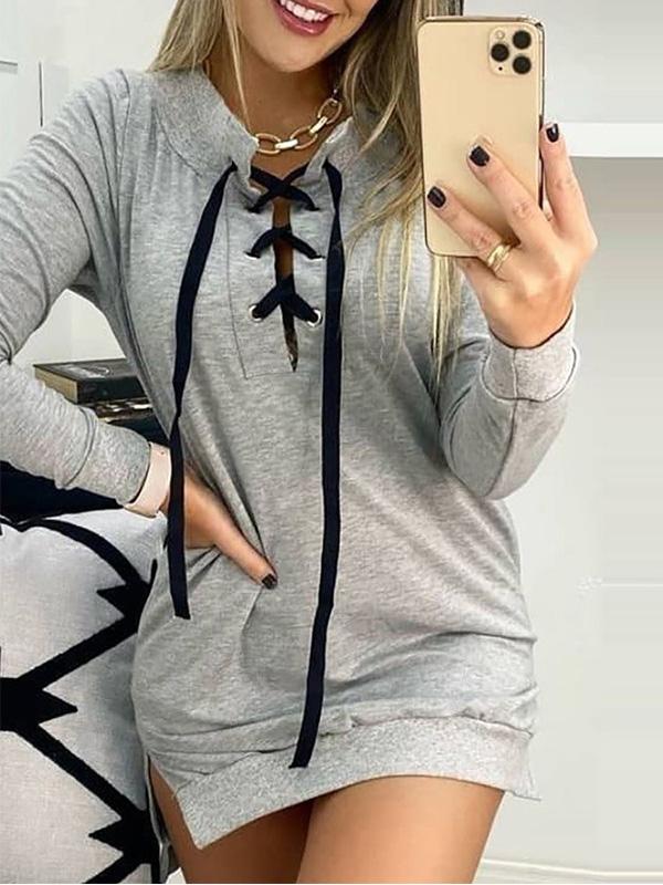 Women's Dresses Long Sleeve Lace-Up Pocket Slit Dress - LuckyFash™