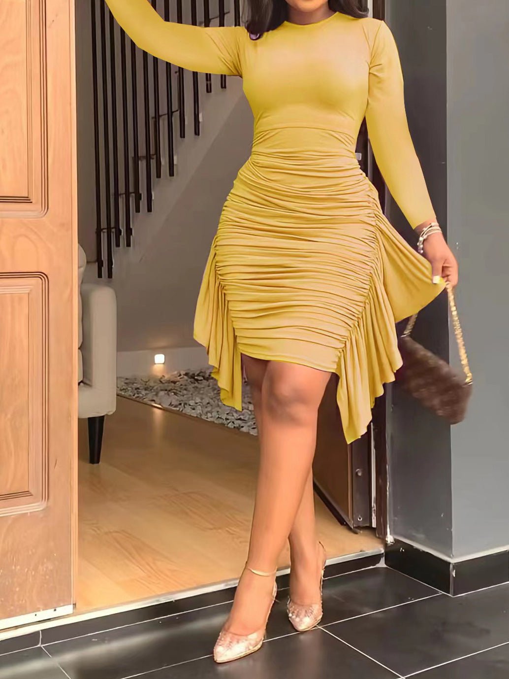 Women's Dresses Long Sleeve Pleated Irregular Ruffle Dress - LuckyFash™