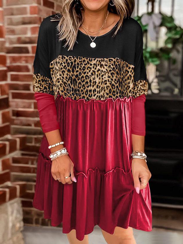 Women's Dresses Loose Leopard Print Stitching Round Neck Long Sleeve Dress - LuckyFash™