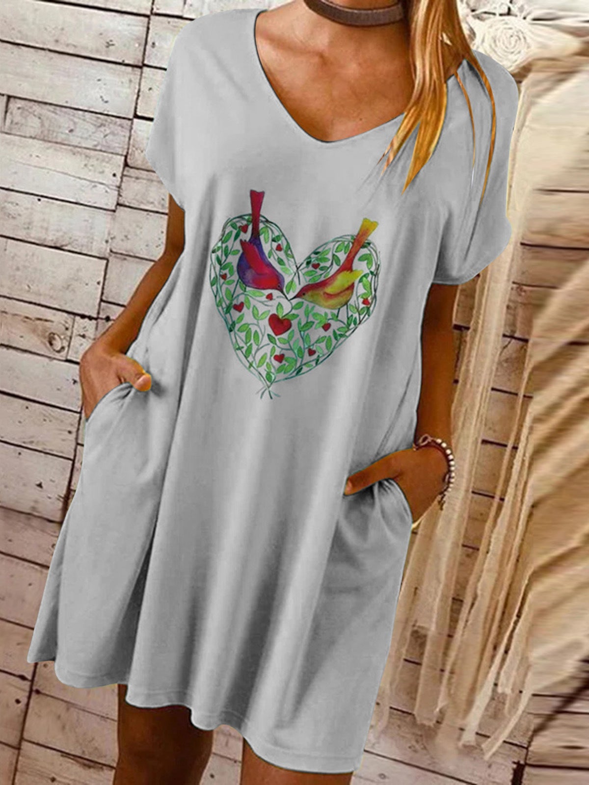 Women's Dresses Loose Love Printed V-Neck Pocket Dress - LuckyFash™