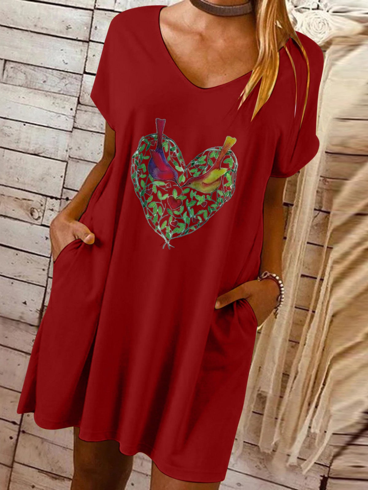 Women's Dresses Loose Love Printed V-Neck Pocket Dress - LuckyFash™