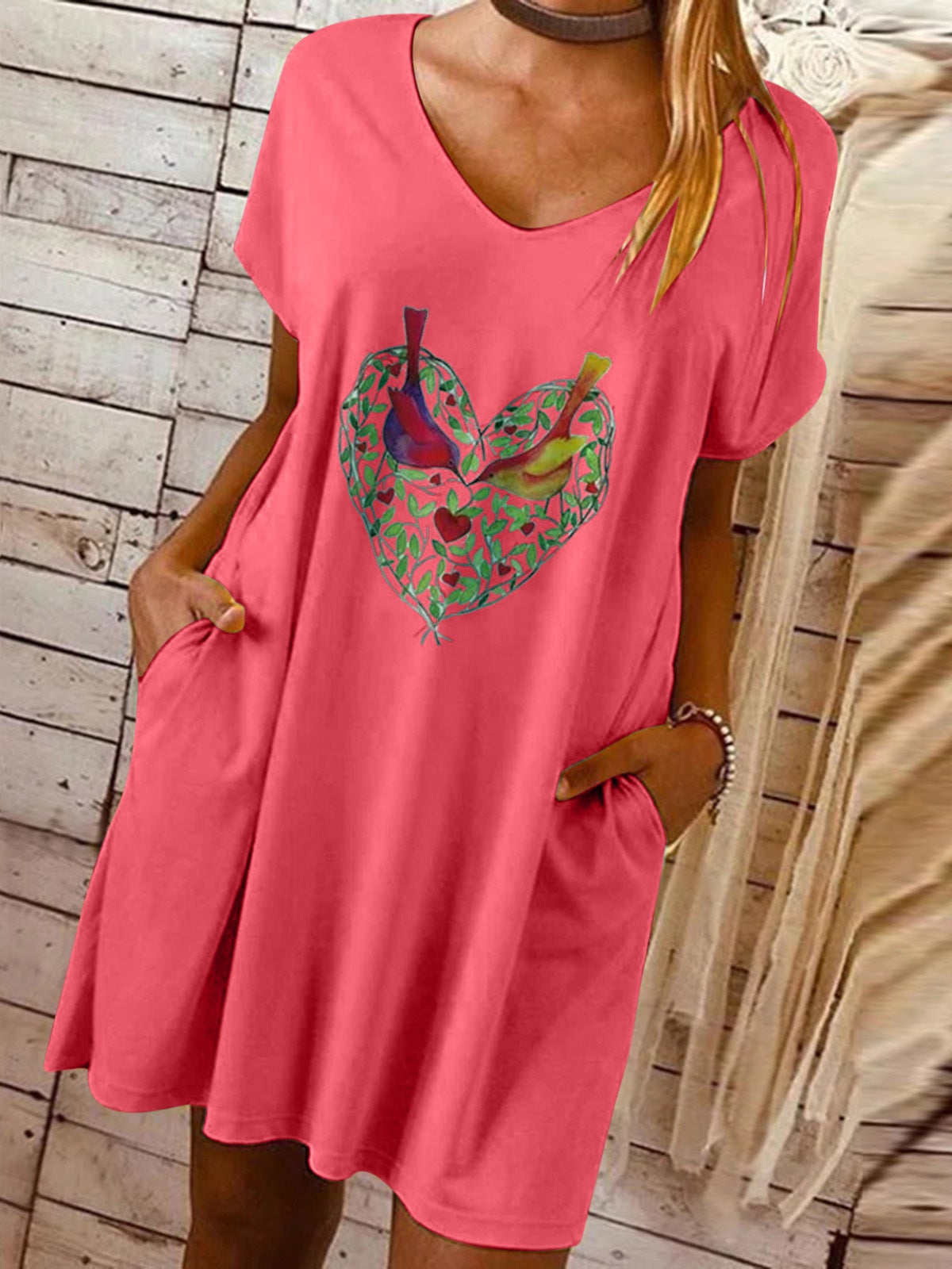 Women's Dresses Loose Love Printed V-Neck Pocket Dress - LuckyFash™