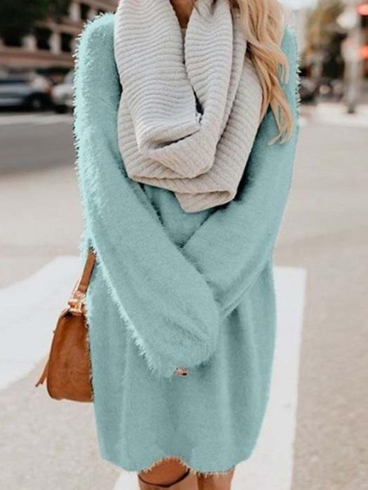 Women's Dresses Loose Plush Long Sleeve Sweater Midi Dress - LuckyFash™