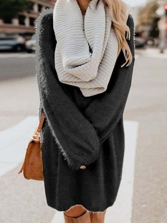 Women's Dresses Loose Plush Long Sleeve Sweater Midi Dress - LuckyFash™