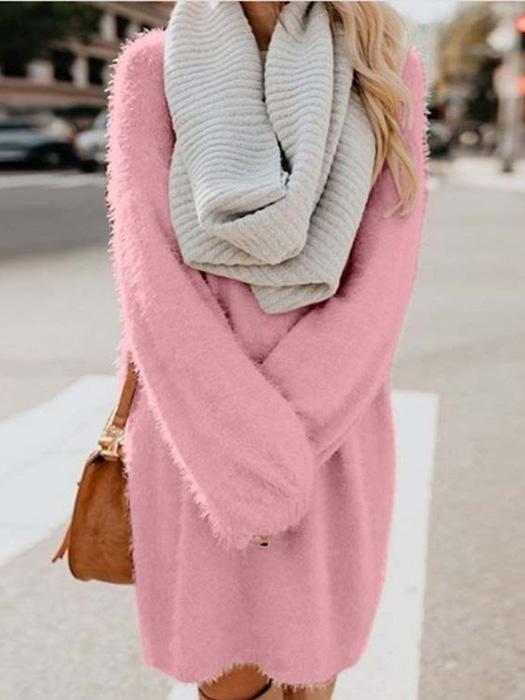 Women's Dresses Loose Plush Long Sleeve Sweater Midi Dress - LuckyFash™