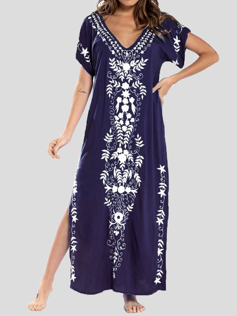 Dresses Loose V-Neck Vintage Print Slit Maxi Dress - LuckyFash™