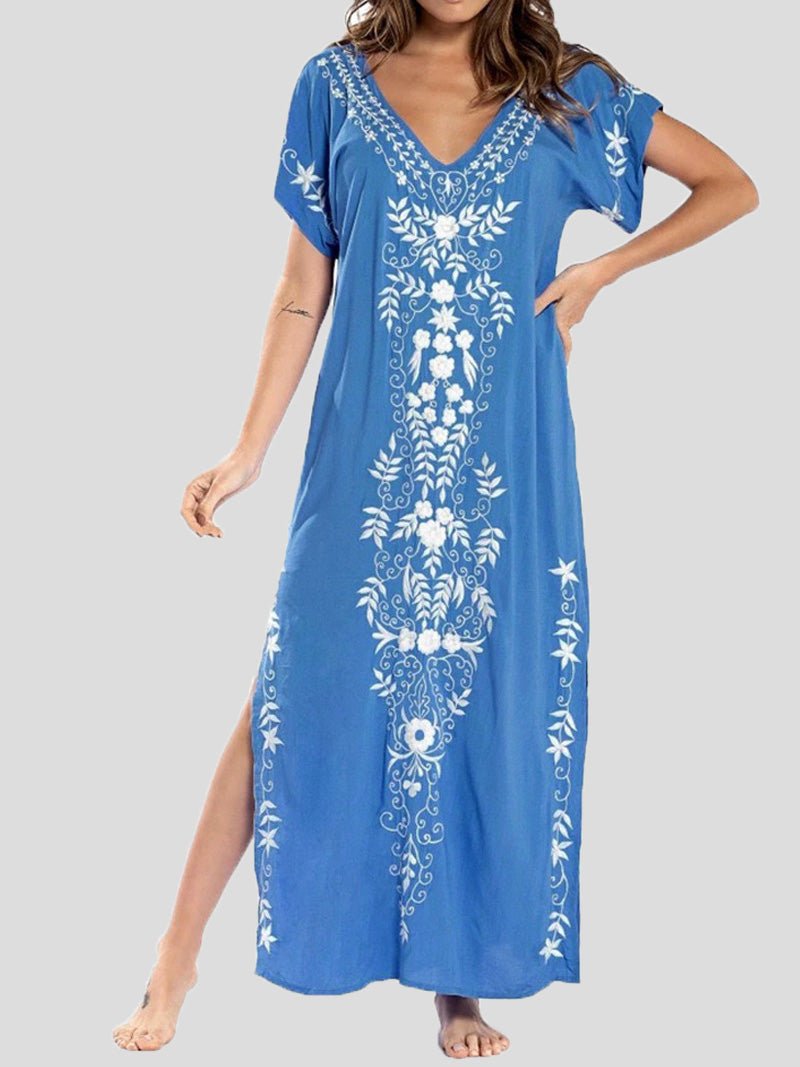 Dresses Loose V-Neck Vintage Print Slit Maxi Dress - LuckyFash™
