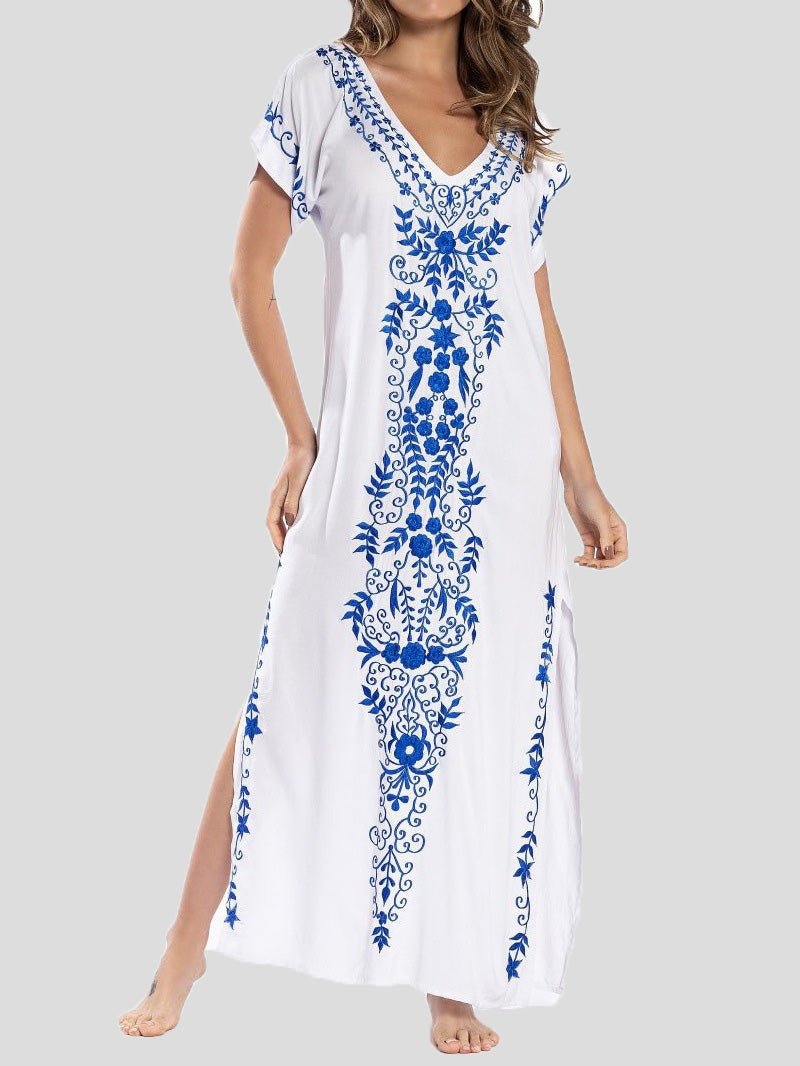 Dresses Loose V-Neck Vintage Print Slit Maxi Dress - LuckyFash™