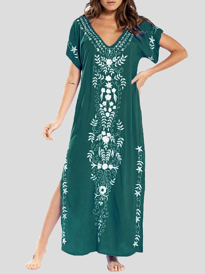 Dresses Loose V-Neck Vintage Print Slit Maxi Dress - LuckyFash™