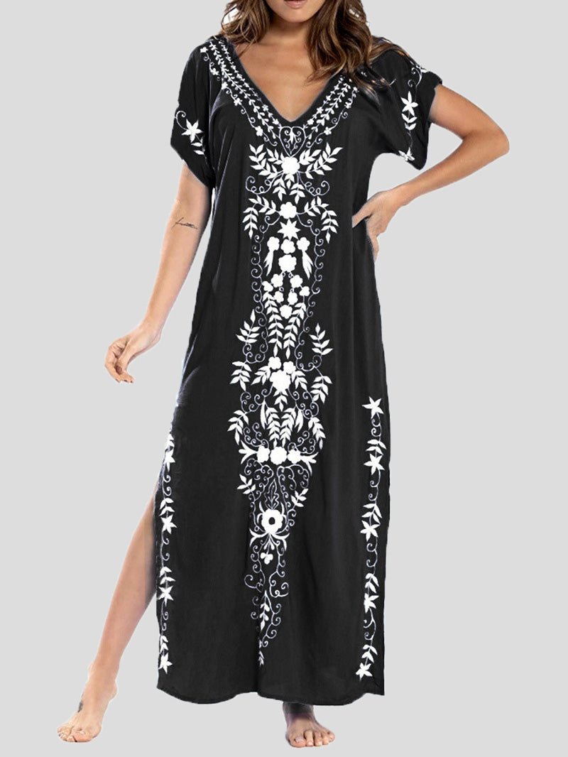 Dresses Loose V-Neck Vintage Print Slit Maxi Dress - LuckyFash™