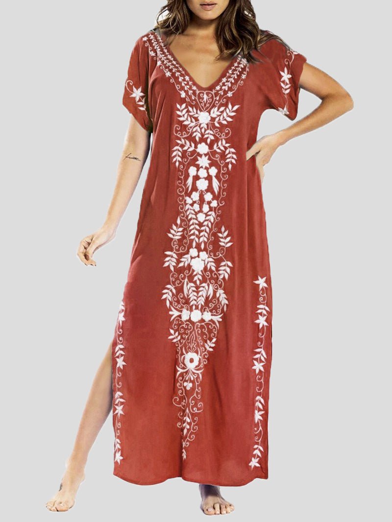 Dresses Loose V-Neck Vintage Print Slit Maxi Dress - LuckyFash™