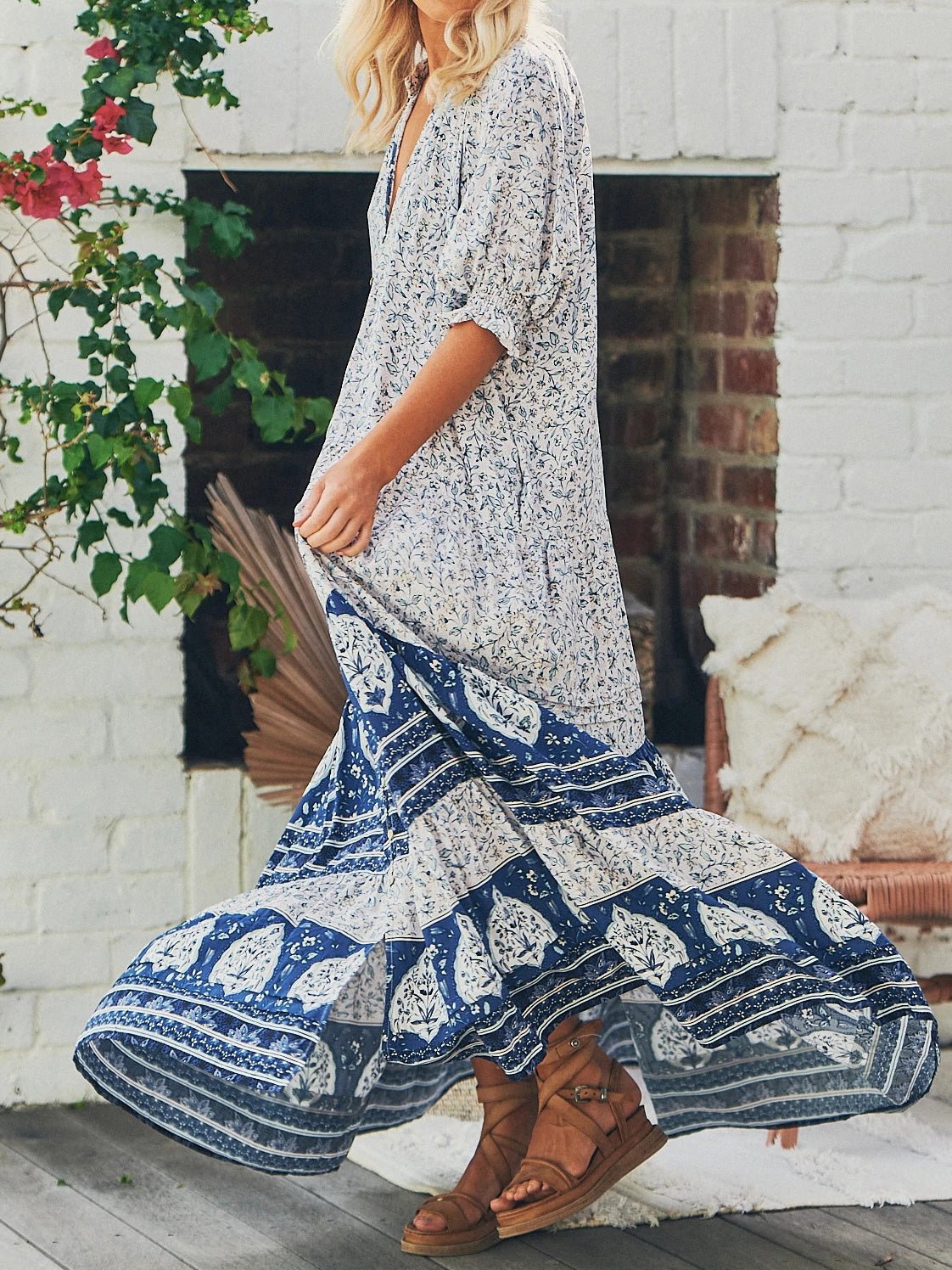 Dresses Loose Vintage Print V-Neck Short Sleeve Maxi Dress - LuckyFash™