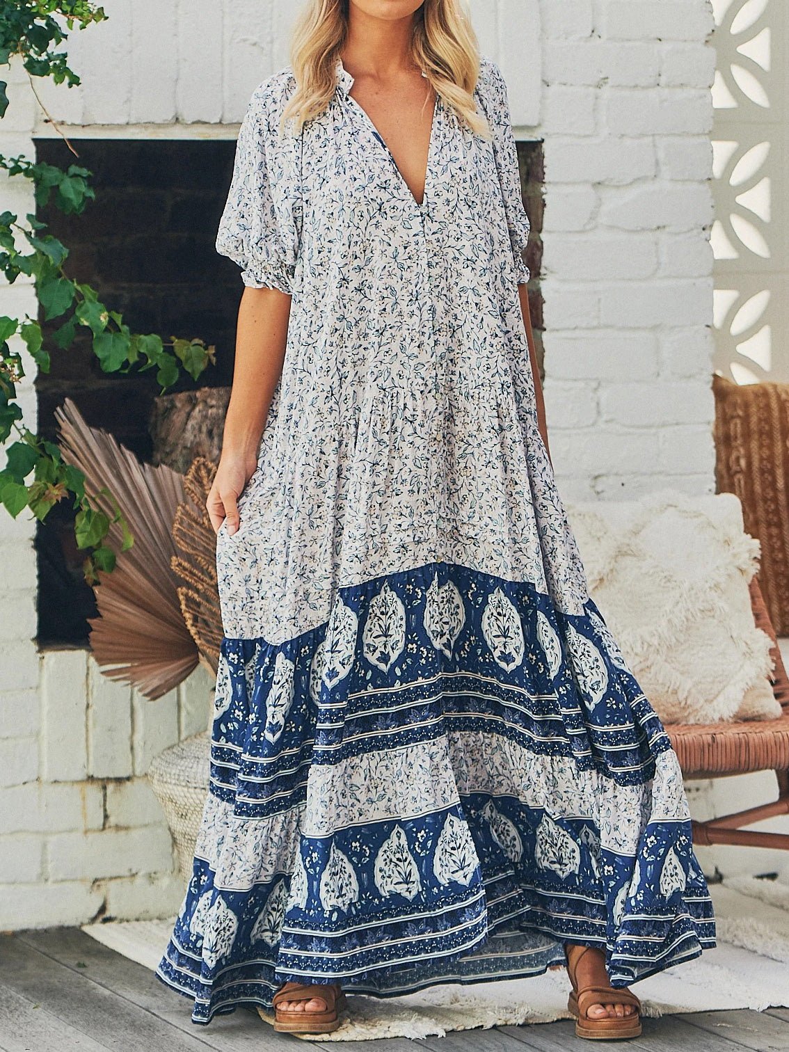 Dresses Loose Vintage Print V-Neck Short Sleeve Maxi Dress - LuckyFash™