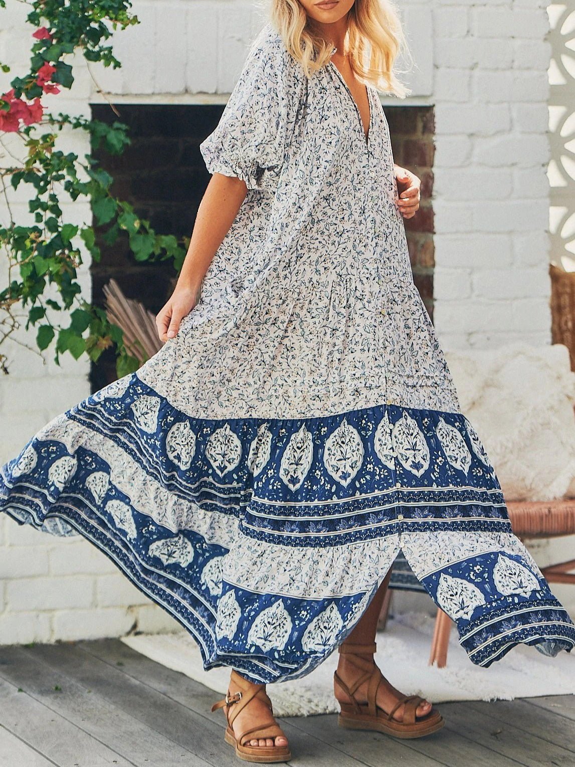 Dresses Loose Vintage Print V-Neck Short Sleeve Maxi Dress - LuckyFash™