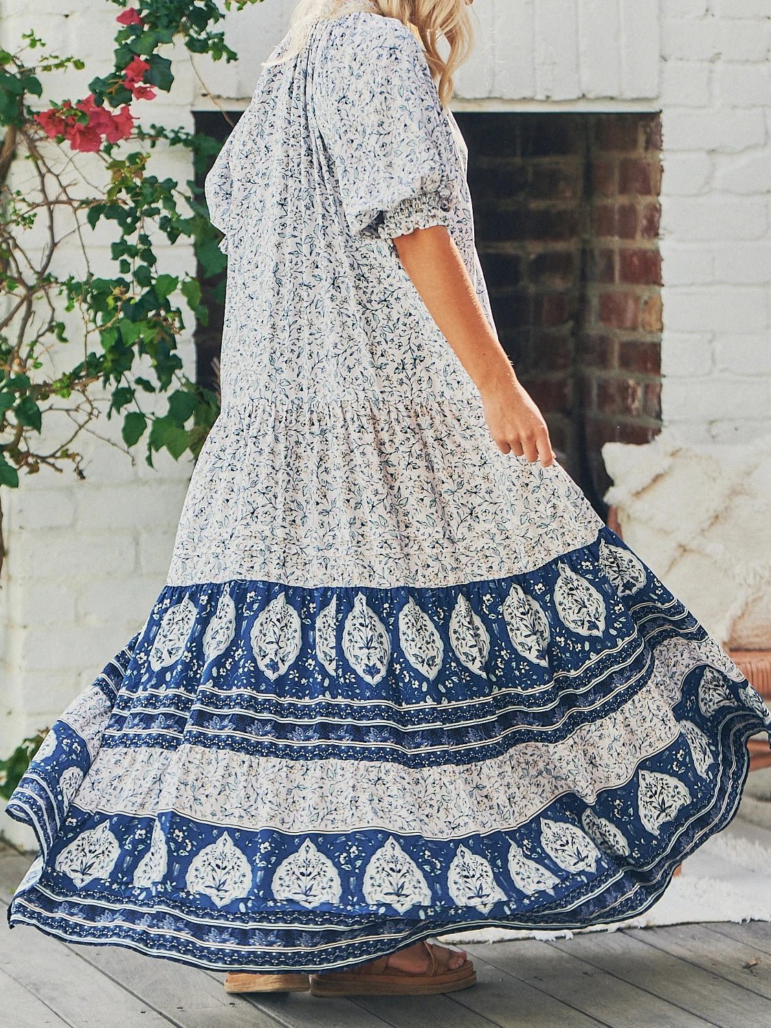 Dresses Loose Vintage Print V-Neck Short Sleeve Maxi Dress - LuckyFash™