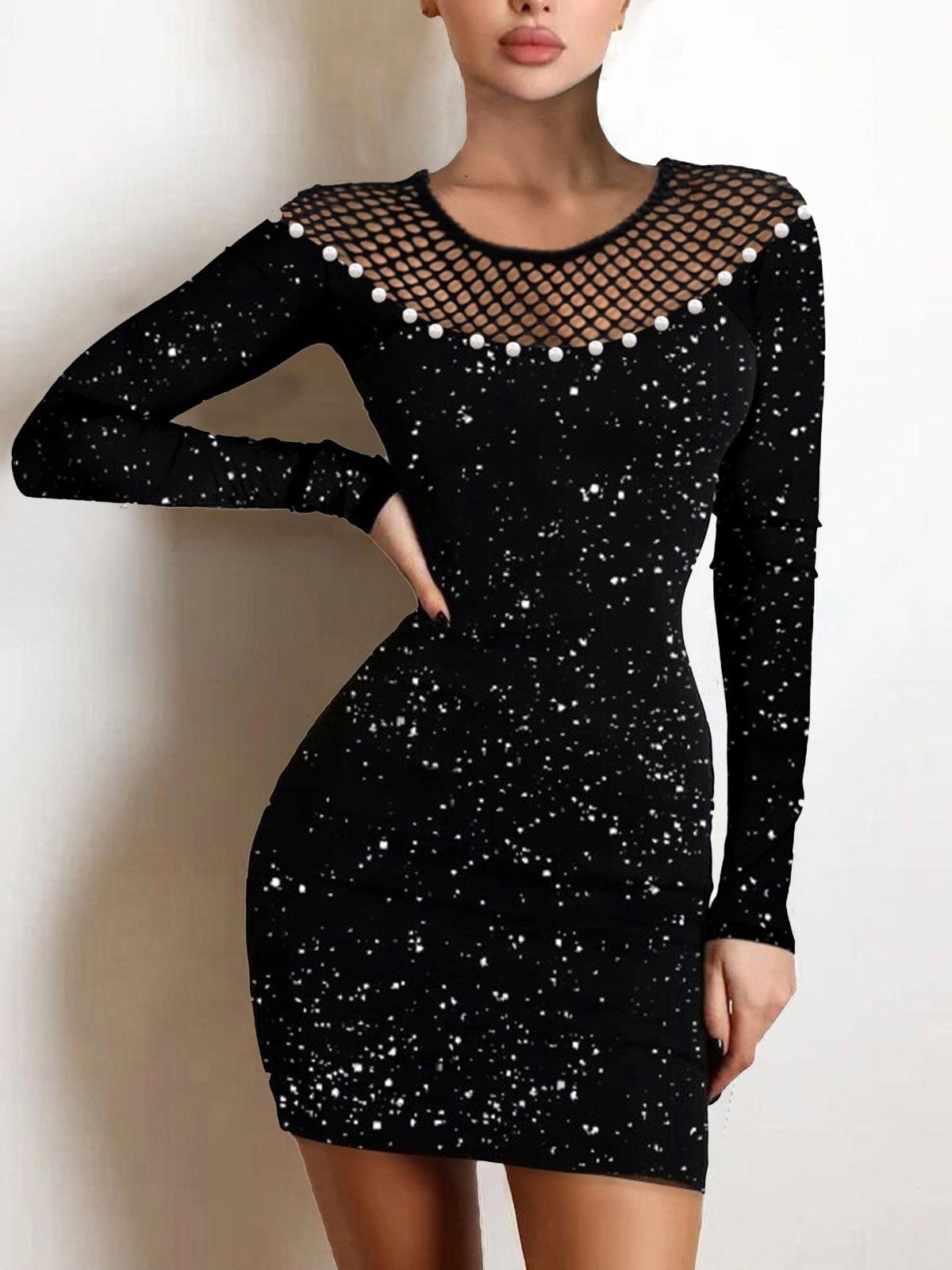 Women's Dresses Mesh Hot Rhinestone Pearl Long Sleeve Tight Dress - LuckyFash™