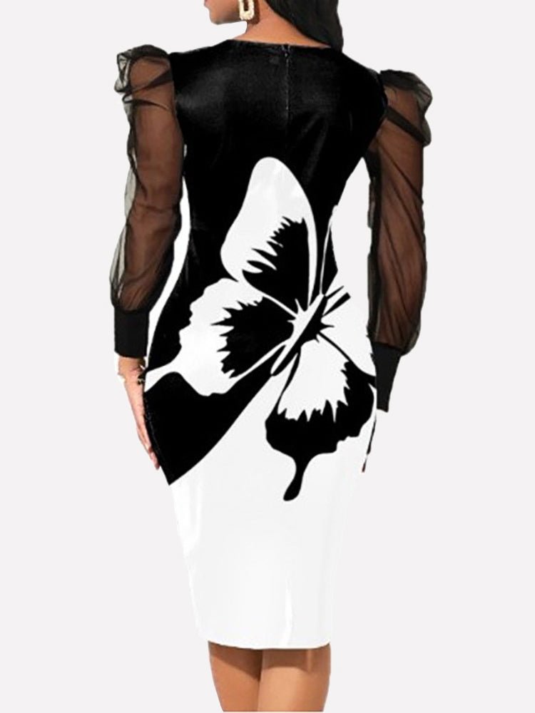 Dresses Mesh Long Sleeve Butterfly Print Midi Dress - LuckyFash™