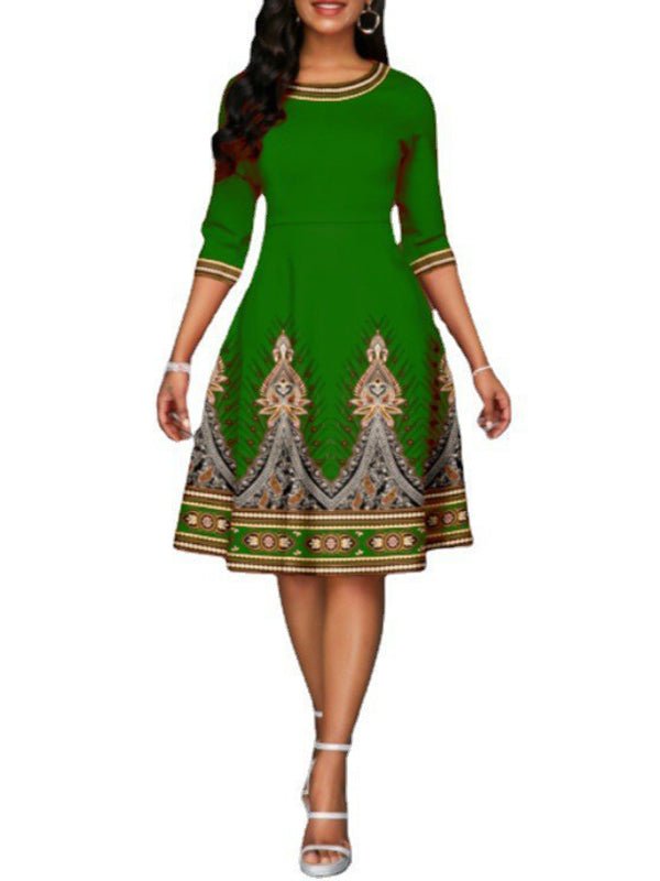 Dresses National Style Printed High Waist Mid Sleeve Midi Dress - LuckyFash™