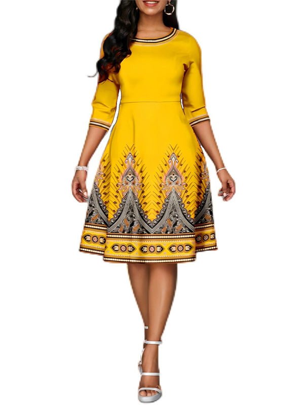 Dresses National Style Printed High Waist Mid Sleeve Midi Dress - LuckyFash™