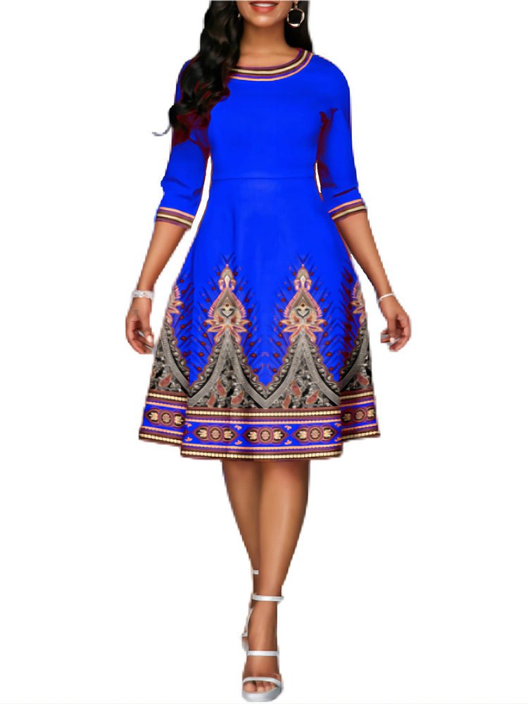 Dresses National Style Printed High Waist Mid Sleeve Midi Dress - LuckyFash™
