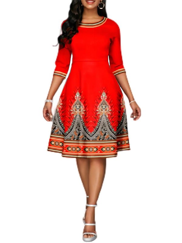 Dresses National Style Printed High Waist Mid Sleeve Midi Dress - LuckyFash™