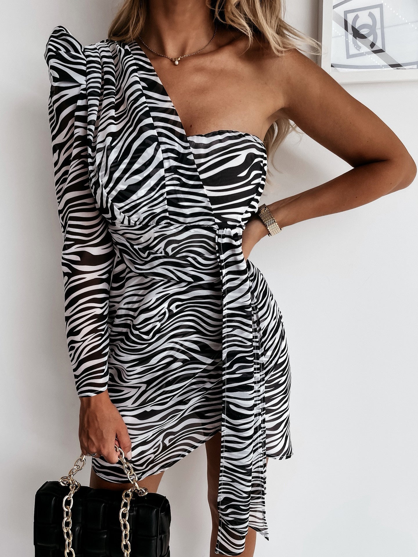 Women's Dresses One Shoulder Long Sleeve Tie Print Dress - LuckyFash™