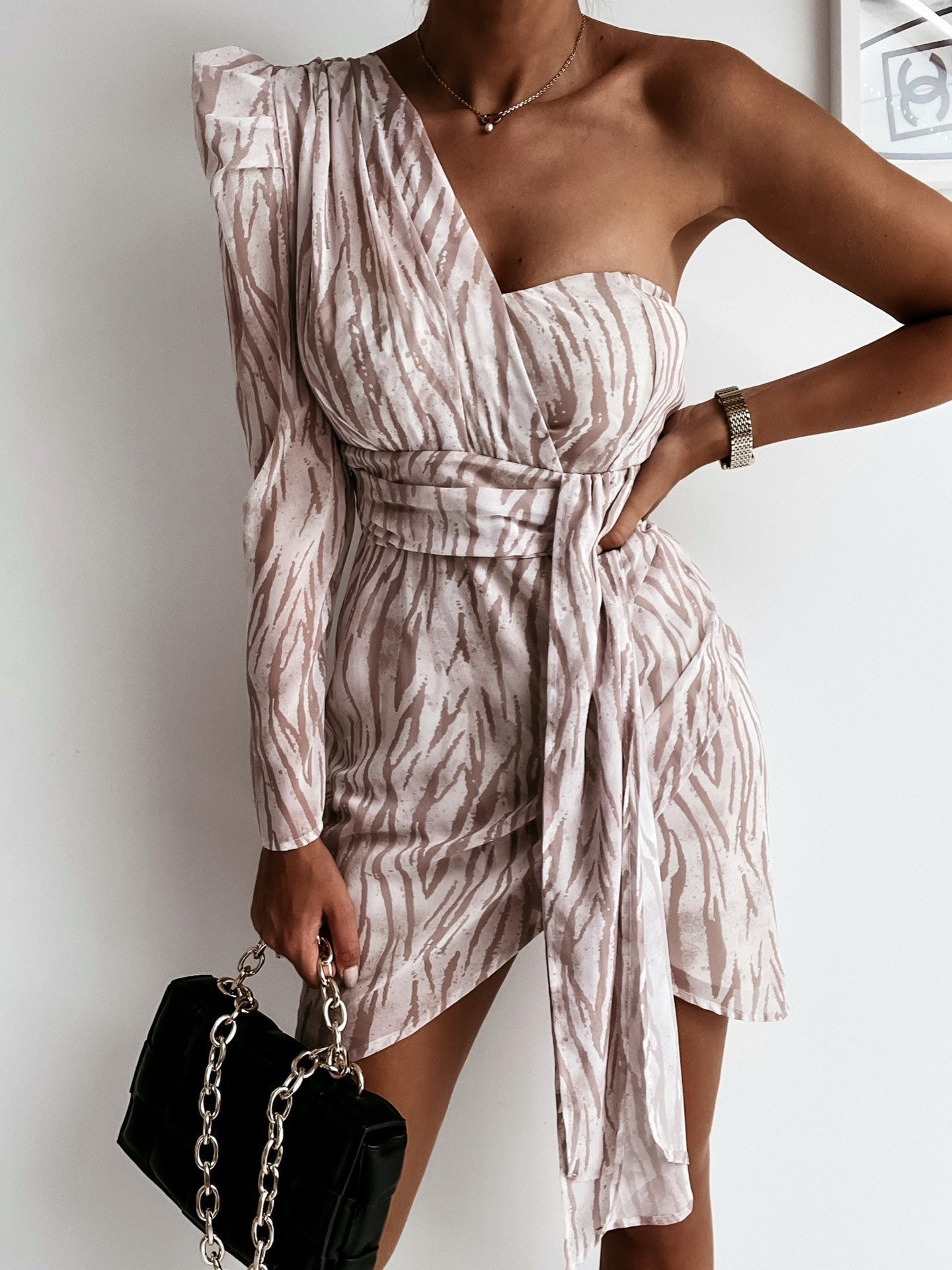 Women's Dresses One Shoulder Long Sleeve Tie Print Dress - LuckyFash™