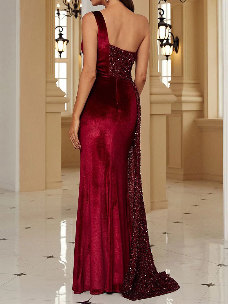 Dresses One Shoulder Sequin Panel Slit Party Dress - LuckyFash™