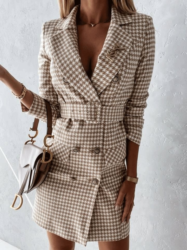 Women's Dresses Plaid Long Sleeve Belt Two-Wear Blazer Dress - LuckyFash™